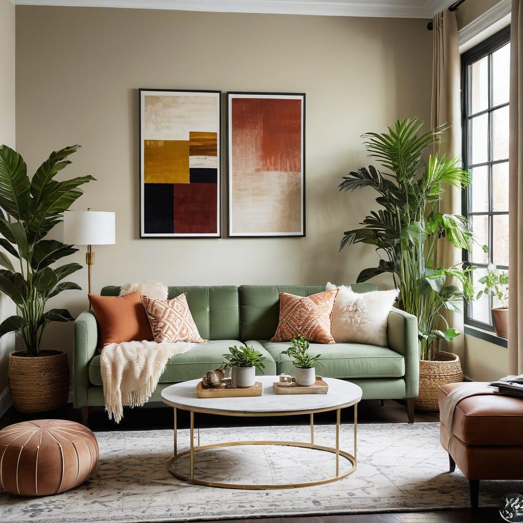 A cozy living room featuring a stylish yet affordable interior design, with decorative cushions, trendy wall art, and potted plants. Include a soft rug and contemporary furniture that exude comfort and elegance. The color palette should be warm and inviting, emphasizing a mix of textures and patterns. Showcase a sense of creativity and personalization in decor items that are budget-friendly. vibrant colors. super-realistic.