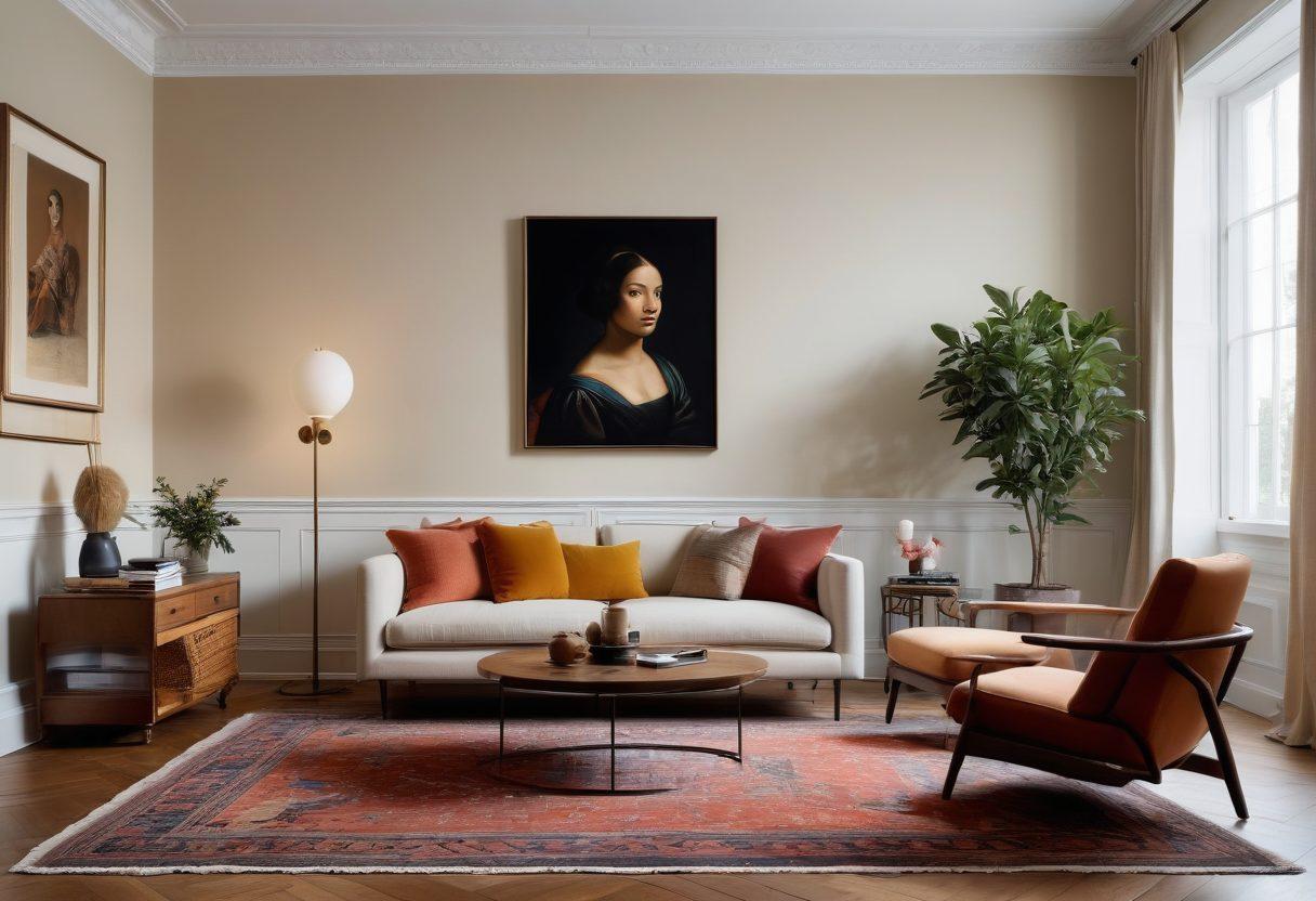 A beautifully curated room showcasing a blend of minimalist and traditional design elements. On one side, sleek, modern furniture with clean lines in muted colors, transitioning into rich, ornate pieces like a vintage armchair and handwoven rugs. The walls adorned with minimalist art on one half and classic portraits on the other create a harmonious contrast. Soft, warm lighting enhances the cozy ambiance, inviting viewers to explore this unique fusion. super-realistic. vibrant colors. cozy atmosphere.