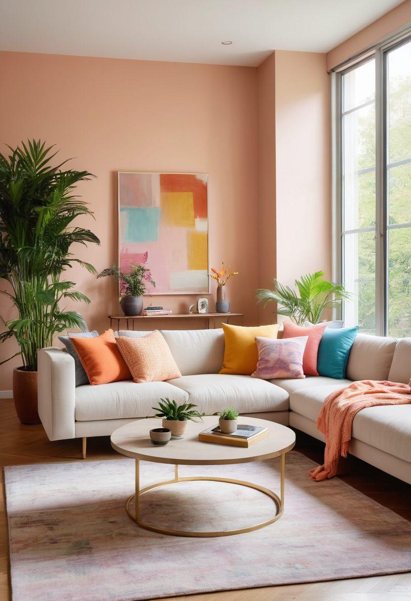 A beautifully styled living room showcasing a mix of affordable and stylish furniture, featuring a trendy sectional sofa, a chic coffee table, and vibrant accessories. The space is brightly lit with large windows and lush indoor plants, embodying a fresh and modern aesthetic. Include a color palette with soft pastels and bold accents to illustrate current trends. Warm, inviting atmosphere. super-realistic. vibrant colors. bright background.